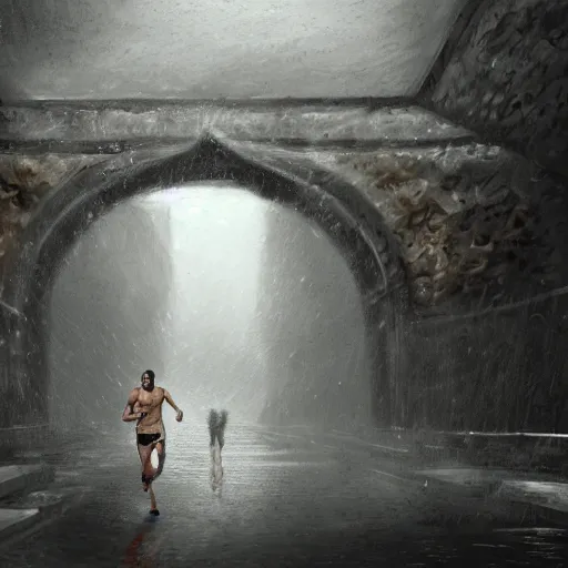 Prompt: italian tall young man with short curly hair and beard, running under a bridge of stone while it rains heavily, romantic view, extremely detailed, digital painting, trending on deviantart