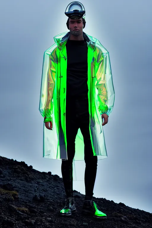 Image similar to an ultra high definition professional high fashion portrait studio full length photograph of a male model wearing a transparent pearlescent raincoat and neon visor in an icelandic black rock environment at dawn. no artefacts. extremely detailed. stark. refraction. shallow depth of field. volumetric light and shadow. ray tracing. light rays.