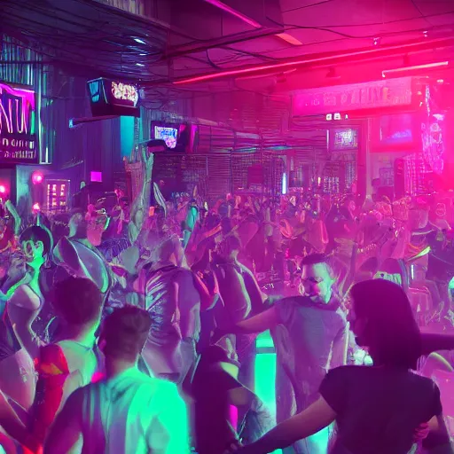 Image similar to ultradetailed 8 k hd octane render of a crowded neon cyberpunk dance club