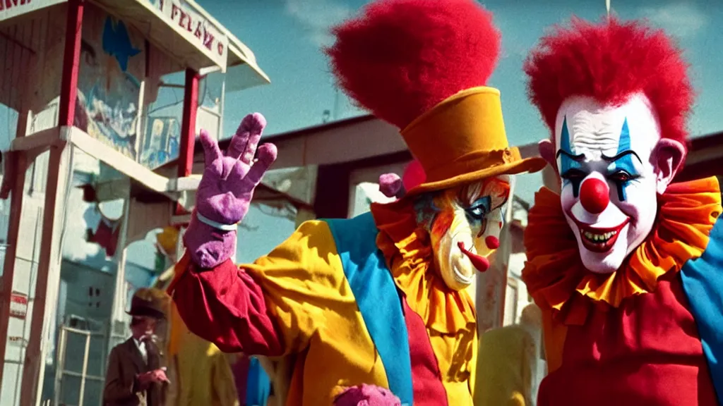 Prompt: the 5 0 foot clown at the fair, film still from the movie directed by denis villeneuve and david cronenberg with art direction by salvador dali and dr. seuss