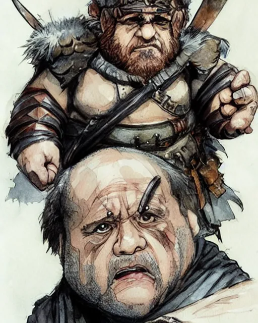 Image similar to Danny DeVito as a dwarf barbarian, drawn by Yoji Shinkawa, water color, Dungeons and Dragons, Wizards of the Coast