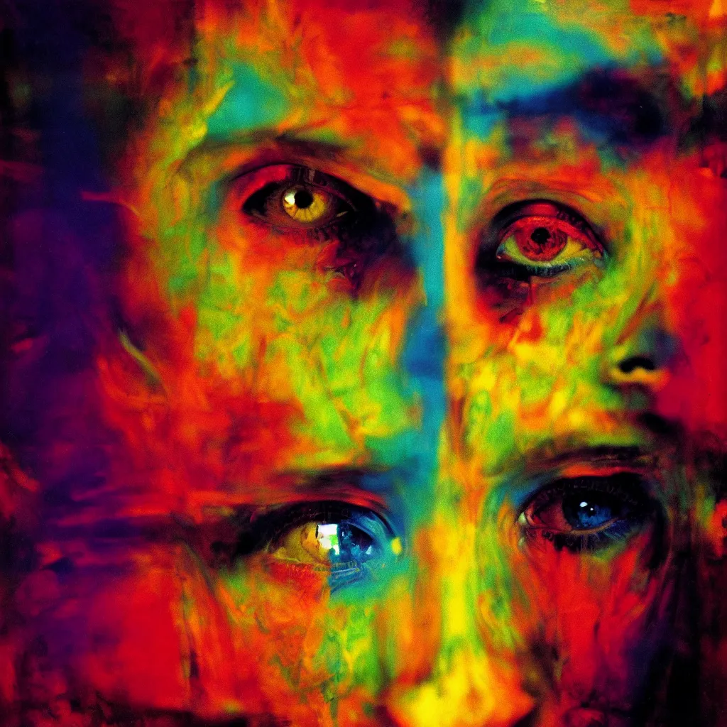 Image similar to award winning photo of a lsd trip, vivid colors, dilated pupils, frantic, symmetrical face, beautiful eyes, studio lighting, wide shot art by sally mann & arnold newman