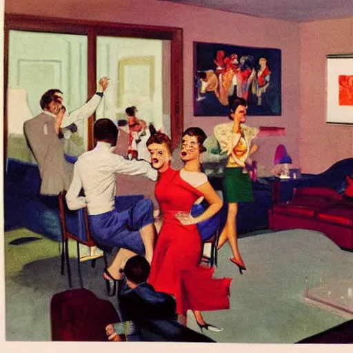 Prompt: dynamic scene of people partying in sunshine living room 1950s, by tom lovell and frank schoonover and dean cornwell