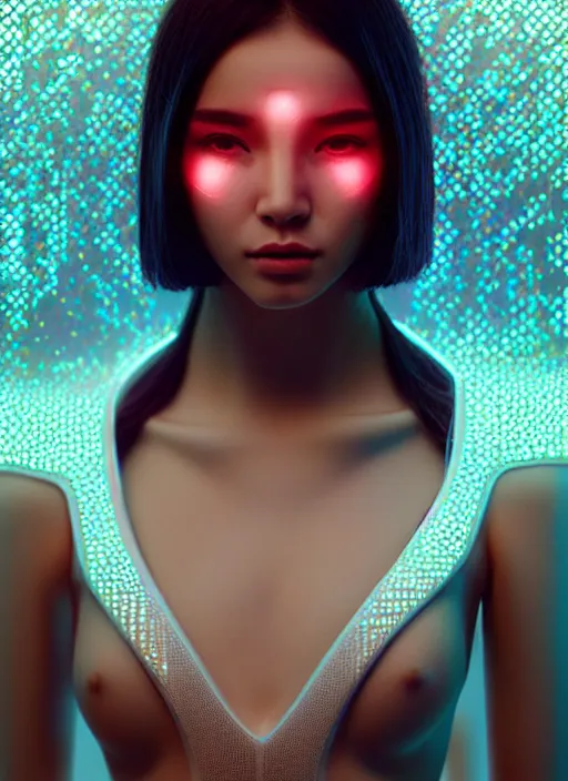 Image similar to a beautiful oriental female humanoid with freckled cheeks, cyber neon lighting, futurism, intricate futuristic jewelry accessories, cyberpunk glossy white latex swimsuit, profile posing, hyper photorealistic, crispy quality, digital photography, trending in artstation, trending in pinterest, cinematic, 4 k ultra hd, art by pascal blanche, art by greg rutkowski,