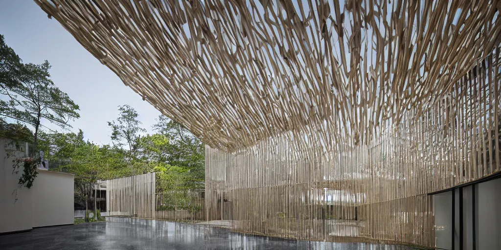 Prompt: Architectural photography of beautiful nature meets architecture concept of a residential house by Kengo Kuma, volumetric lighting, luxury, high detail, 14mm, cinematic photography, high resolution