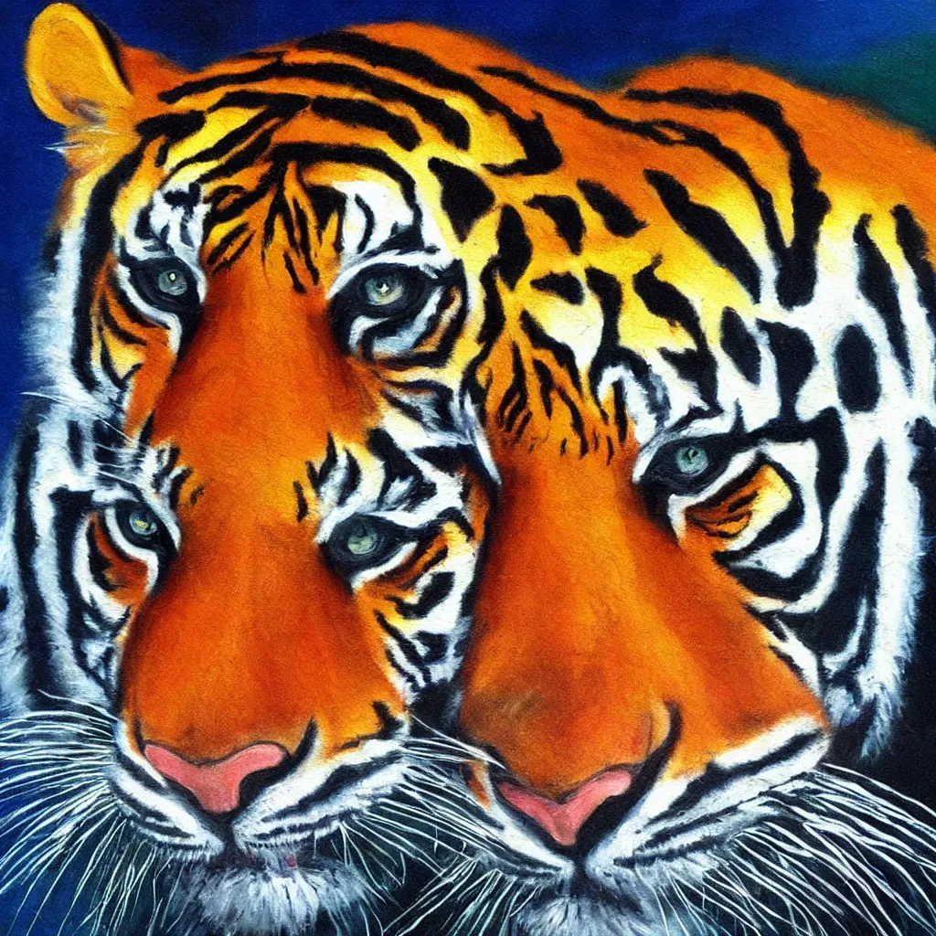 Prompt: tetrachromat painting tiger bright vivid oil painting