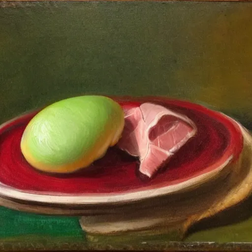 Image similar to a still life portrait of green eggs and ham, oil on canvas, highly detailed