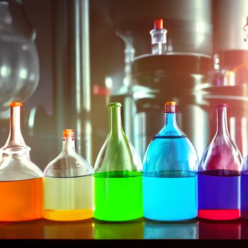 Prompt: a wizard mixing bottles of colored liquids in laboratory, photorealistic, cinematic lighting, highly detailed