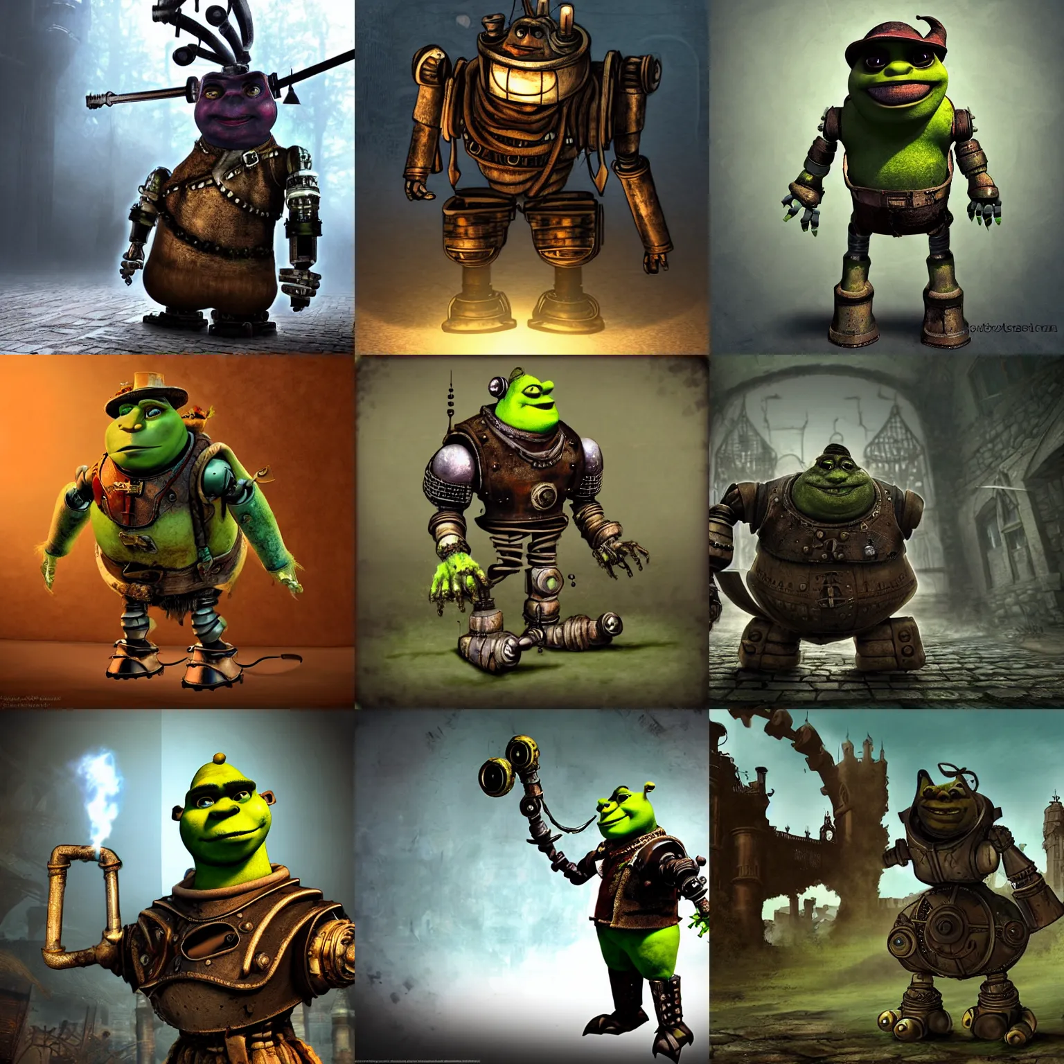 Prompt: Steampunck Shrek-like robot, solarpunk,decay,darksouls,epic lighting
