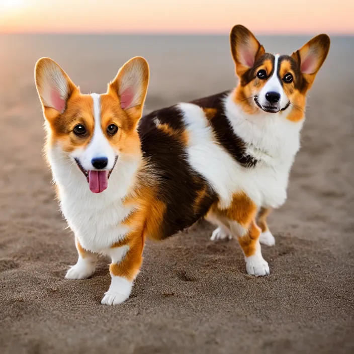 Prompt: a beautiful portrait of a cute Corgi, beautiful detailed eyes, golden hour, standing on a beach, outdoors, professional award winning portrait photography, Zeiss 150mm f/ 2.8 Hasselblad