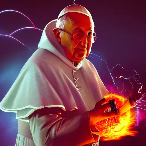 Image similar to Pope John Paul 2 rips fat bong during Arctic bloody sunset, eteric rainbow blazingly glowing fireballs flying around him in circles, high quality, digital painting, high detail, dynamic pose, octane render, hyper realism, cinematic