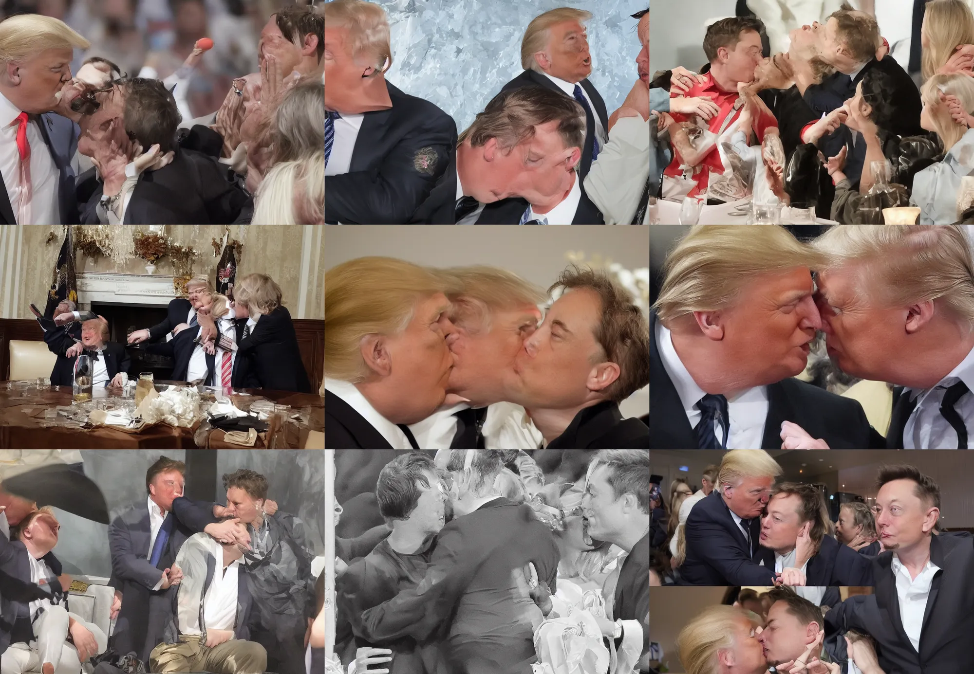 Prompt: trump and elon musk having romantic hot kiss