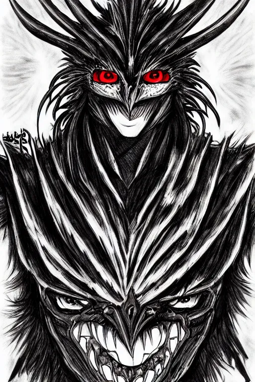 Prompt: crow devil, red eyes, highly detailed, digital art, sharp focus, trending on art station, kentaro miura manga art style