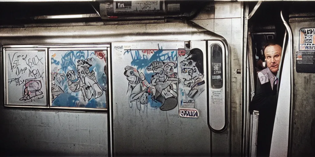 Image similar to new york subway cabin 1 9 8 0 s inside all in graffiti, 1 9 8 0 s policeman with the k - 9 dog, coloured film photography, christopher morris photography, bruce davidson photography