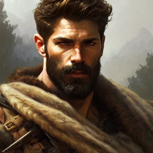 Image similar to Portrait of rugged male ranger, D&D, muscular, fantasy, intricate, elegant, highly detailed, digital painting, artstation, concept art, smooth, sharp focus, illustration, art by artgerm and greg rutkowski and alphonse mucha