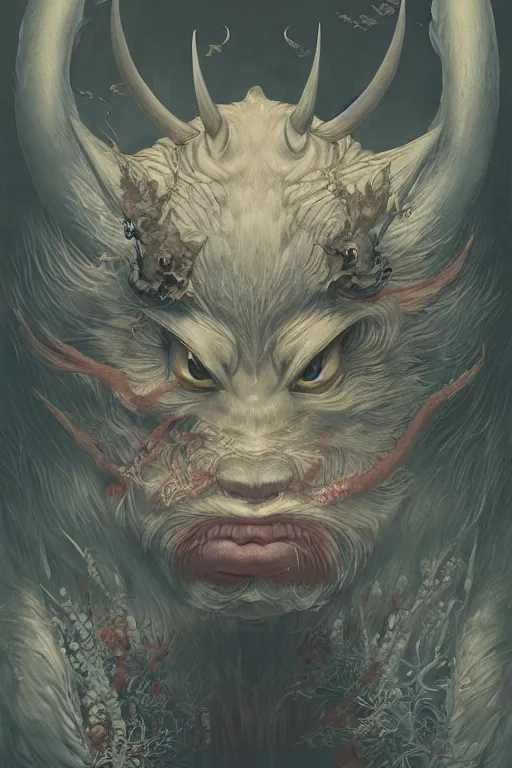 Image similar to a portrait of a japanese devil animal illustrated by miyazaki by karol bak, james jean, tom bagshaw, rococo, sharp focus, trending on artstation, cinematic lighting, hyper realism, octane render, 8 k, hyper detailed, vivid, ultra detailed, highly detailed