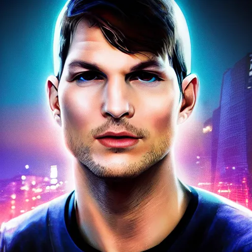 Image similar to ashton kutcher portrait, cyberpunk 2 0 7 7, cyberpunk, photorealistic, ultra detailed, neon, octane, bokeh, cinematic lighting, cyber, cyberpunk city, studio quality, feature, scars, cyberface, 8 k