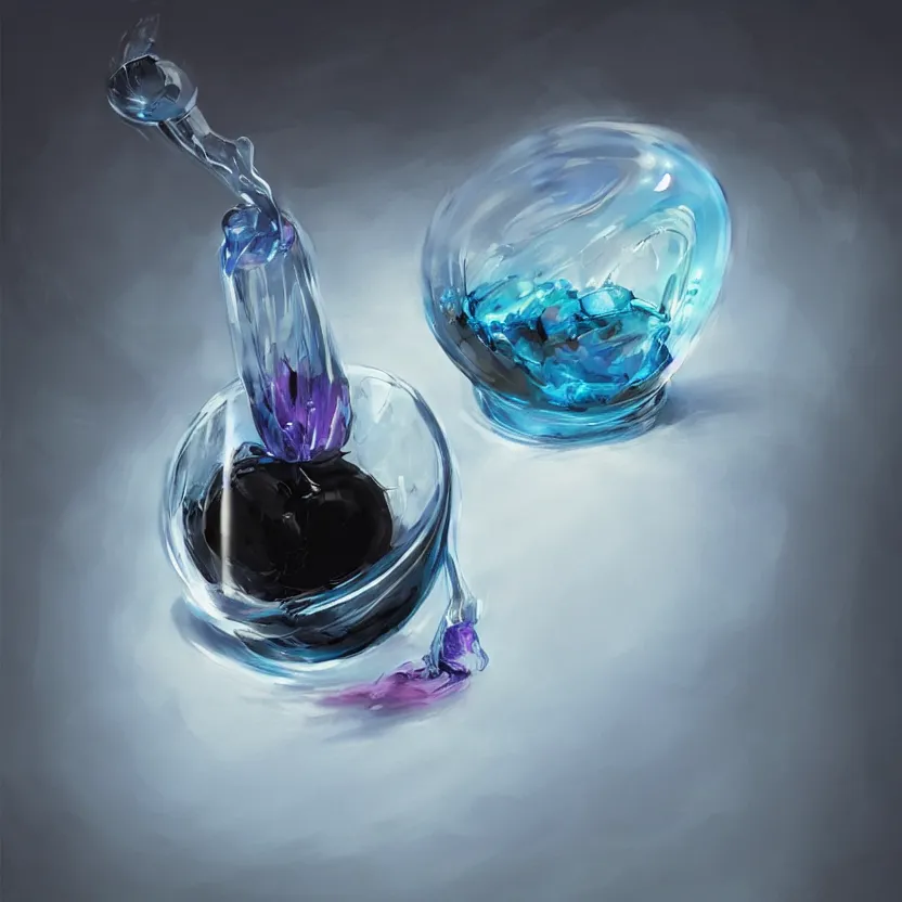 Prompt: concept art of an ethical dietary supplement in a round transparent bottle with black sticker on it, filled with a blue magenta iridescent liquid, by aenaluck, artgerm and roberto ferri and greg rutkowski, light blue and white tones, digital painting, artstation, concept art, smooth, sharp foccus ilustration hq
