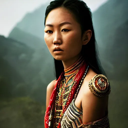 Image similar to portrait of a stunningly beautiful asian tribal female, depth of field, zeiss lens, detailed, symmetrical, centered, fashion photoshoot, by annie leibovitz and steve mccurry, david lazar, jimmy nelsson, breathtaking, 8 k resolution, extremely detailed, beautiful, establishing shot, artistic, hyperrealistic, beautiful face, octane render