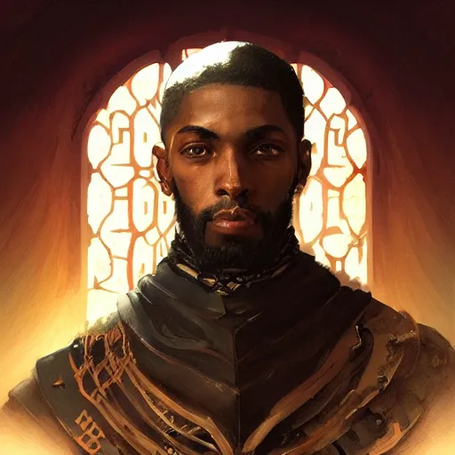 Prompt: portrait of slave knight josiah, elegant, intricate, headshot, highly detailed, digital painting, artstation, concept art, sharp focus, illustration, art by artgerm and greg rutkowski and alphonse mucha