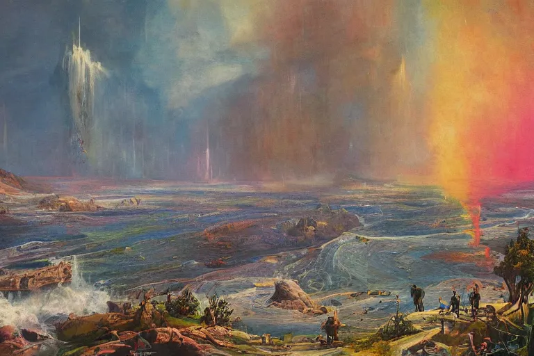Image similar to An isthmus between the land of silicon and the paint waterfall on the first day of the earth in the style of Dissco Elysium by Robert Kurvitz