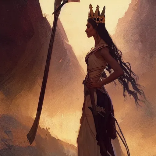 Image similar to a tall woman with dark hair with a crown on her head and a spear in her hand , highly detailed, digital painting, Artstation, concept art, smooth, sharp focus, illustration, art by Greg Rutkowski, Alphonse Mucha