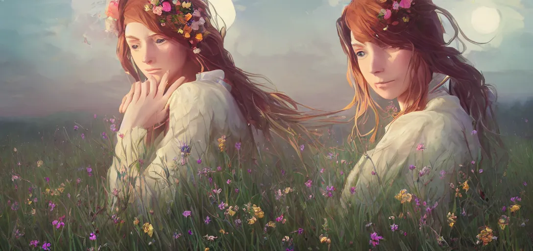 Image similar to a beautiful southern woman named Savannah, innocent, somber turquoise eyes, freckles, long ginger hair tied with white ribbon, relaxed in a field of flowers on a farm, gentle lighting, storm in the distance, western clothing, dress, digital art by Makoto Shinkai ilya kuvshinov and Wojtek Fus, digital art, concept art,