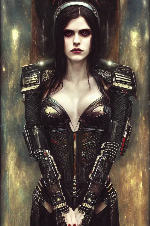 Image similar to portrait of beautiful gothic Alexandra Daddario, cyberpunk, Warhammer, highly detailed, artstation, illustration, art by Gustav Klimt