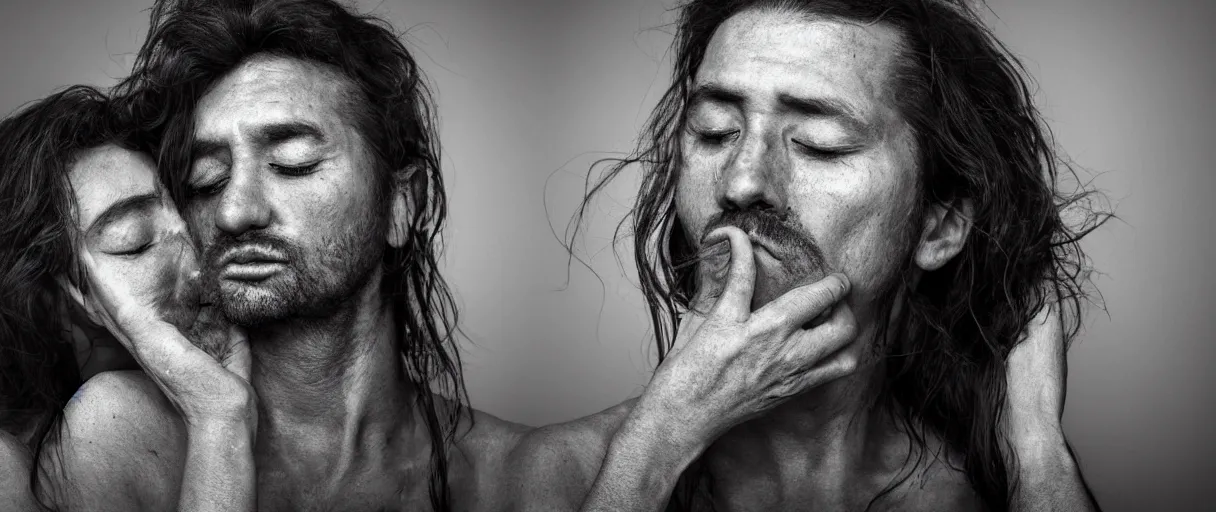 Prompt: full-face portrait of a typical person kissing with waist-length incredible hair by Richard Avendon and Lee Jeffries, eyes closed, aquiline nose, XF IQ4, 150MP, 50mm, F1.4, ISO 200, 1/160s, natural light, Adobe Lightroom, photolab, Affinity Photo, PhotoDirector 365