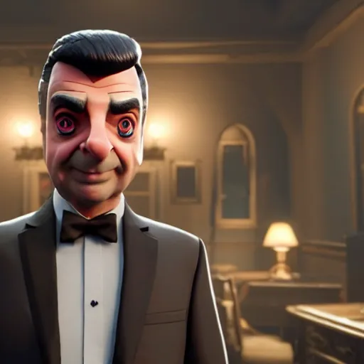 Image similar to in - game screenshot of rowan atkinson in fornite, 3 d render, unreal engine, octane render, ray tracing, unity, highly detailed, high quality, hd, 4 k, 8 k, realistic, sharp, trending