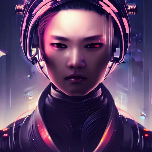 Image similar to portrait of a fierce dangerous cyberpunk hacker android samurai in neotokyo at night, futuristic cyberpunk tokyo night, sci - fi and fantasy, intricate and very beautiful, highly detailed, digital painting, artstation, concept art, smooth and sharp focus, illustration, art by tian zi and wlop and alphonse mucha