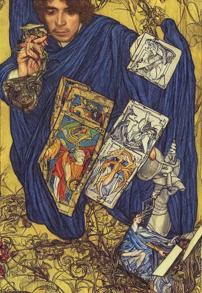 Image similar to Yoshua Bengio scientist drawn on the Tarot card. Illustration by preraphaelists.