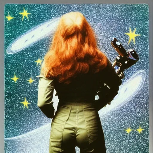 Image similar to retro female astronaut model!!!!, back view, walking out of a cave future city!!, vintage photograph, long wavy brunette hair, faded, artistic!!! composition, looking to the horizon holding a mechanical wand, award winning artistic photograph, centered in frame