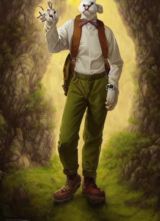 Prompt: fursona commission anthropomorphic albino mountain lion wearing a yellow button-down shirt, olive green slacks and suspenders. pretty, beautiful, DnD character art portrait, matte fantasy painting, DeviantArt Artstation, by Jason Felix by Steve Argyle by Tyler Jacobson by Peter Mohrbacher, cinematic lighting