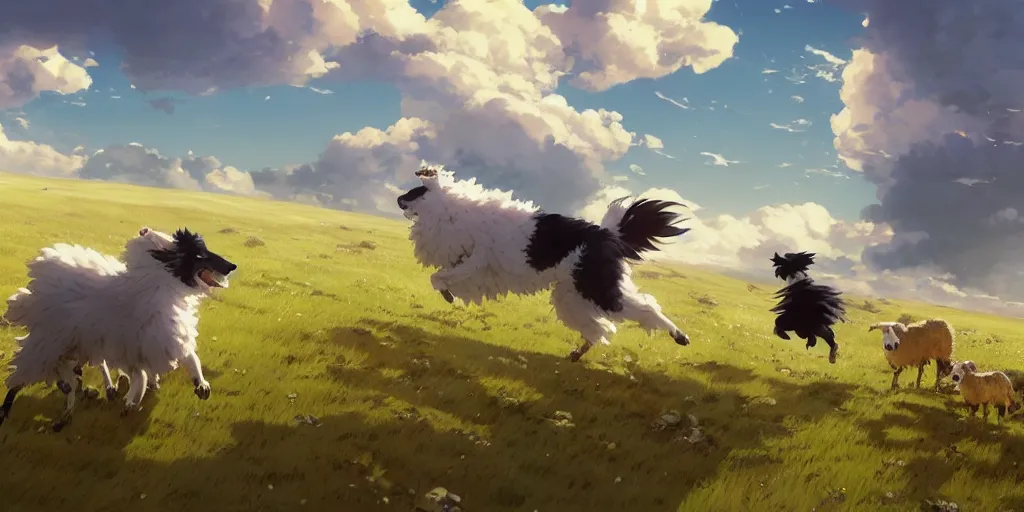 Image similar to border collie chasing sheep on feld. nime key visual of luffy studio lit directed gaze, trending on pixiv fanbox, painted by greg rutkowski makoto shinkai takashi takeuchi studio ghibli