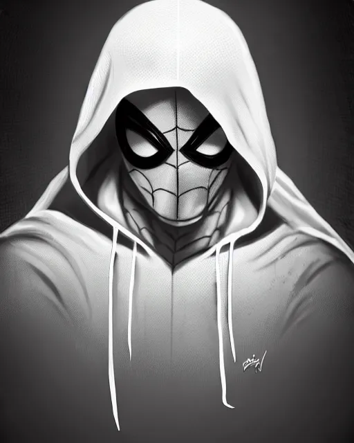 Image similar to spiderman in a white hood, 8 k photo, portrait, dynamic lighting, fantasy concept art, trending on art station, stunning visuals, creative, cinematic, ultra detailed, comic strip style