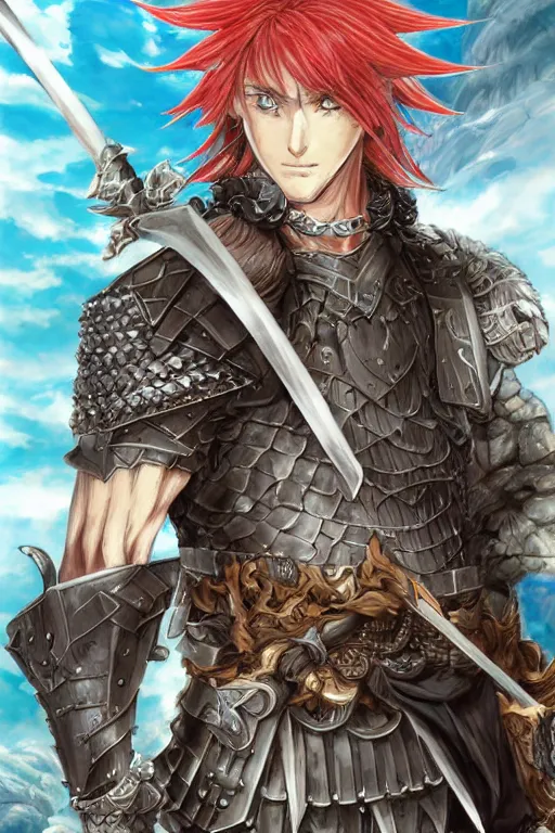 Image similar to A realistic anime portrait of a young handsome male barbarian with long wild hair, intricate fantasy spear, plated armor, D&D, dungeons and dragons, tabletop role playing game, rpg, jrpg, digital painting, by Yoshitaka Amano and Ayami Kojima and Akihiko Yoshida and Yusuke Murata and Kentaro Miura, concept art, highly detailed, promotional art, HD, digtial painting, trending on ArtStation, golden ratio, rule of thirds, SFW version