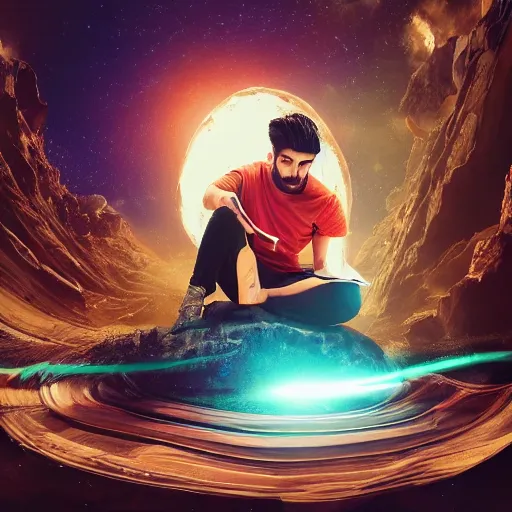 Prompt: Zayn reading a book sitting on top of a planet + Cinematic Lighting + Deep Shadows + Hyper Realistic + Hyper Maximalist + Maximalist Composition + Intricate Details + Rendered in Octane + Trending on Artstation + Hall of Fame on Cgsociety + 8K portrait + 8k Post-Processing Highly Detailed + Rendered by Octane Engine + 8K Artstation 8k Detail Post Processing + Octane Render