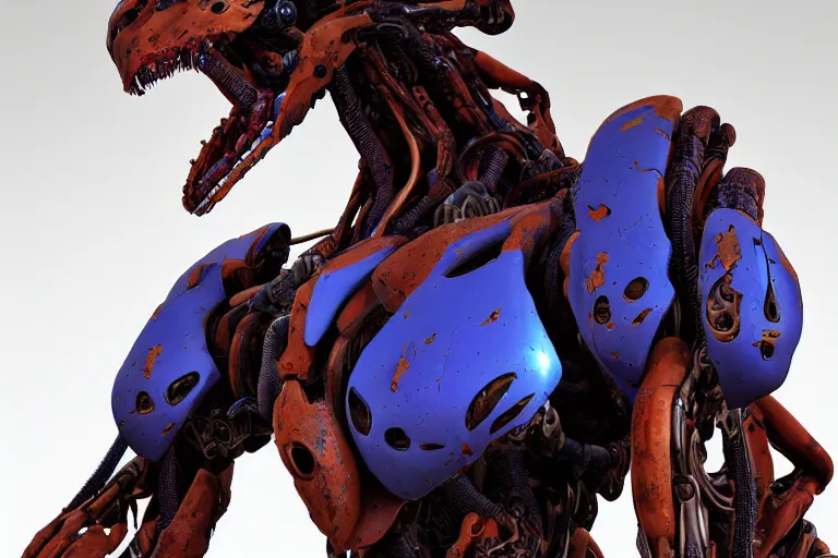 Image similar to portrait of a posed hyper detailed brown and ultramarine leaplasher evangelion realistic mechanical and fleshy organic creature similar look as horizon forbidden west horizon zero dawn bioluminiscence in a dark deep forest at dawn in spring, with reflection and textures, by kilian eng, substance painter reaslitic mech surface metal painted scratches