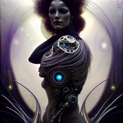 Image similar to extremely psychedelic beautiful cyborg queen of virus infected by night. intricate, elegant, highly detailed, extremely lifelike photorealistic digital painting, artstation. steichen, gaston bussiere, tom bagshaw, cyberpunk alphonse mucha. elegant minimalism. anatomically correct. sultry. sharp focus. black, white. surreal lush hallucination