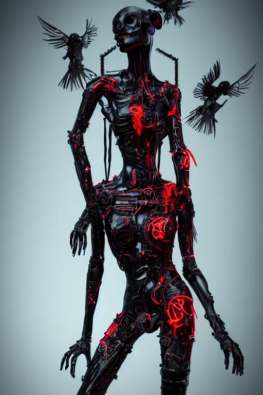 Image similar to full-body cyberpunk style sculpture of a young beautiful dark priestess, half android with a head opening exposing circuitry, glowing red eyes, black roses, flowing blood red colored silk, fabric, candles. baroque elements, human skull. full length view. baroque element. intricate artwork by caravaggio. crows flying in background. Trending on artstation, octane render, cinematic lighting from the right, hyper realism, octane render, 8k, depth of field, 3D