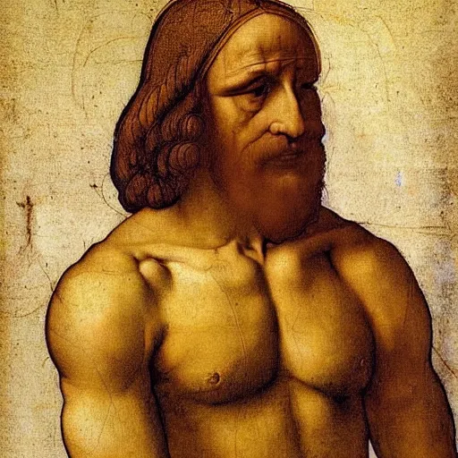 Image similar to a man with a lean body type, painting by Leonardo da Vinci