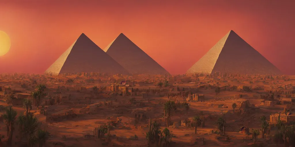 Image similar to an oil painting of a small city in the desert with a pyramid in the center and walls that surround the city and a dark red sun, fantasy,hyper realistic, atmospheric lighting, cinematic, 8k,