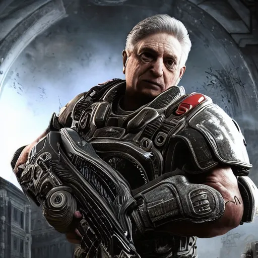 Prompt: george soros in gears of war, splash art, movie still, cinematic lighting, detailed face, dramatic, octane render, long lens, shallow depth of field, bokeh, anamorphic lens flare, 8 k, hyper detailed, 3 5 mm film grain