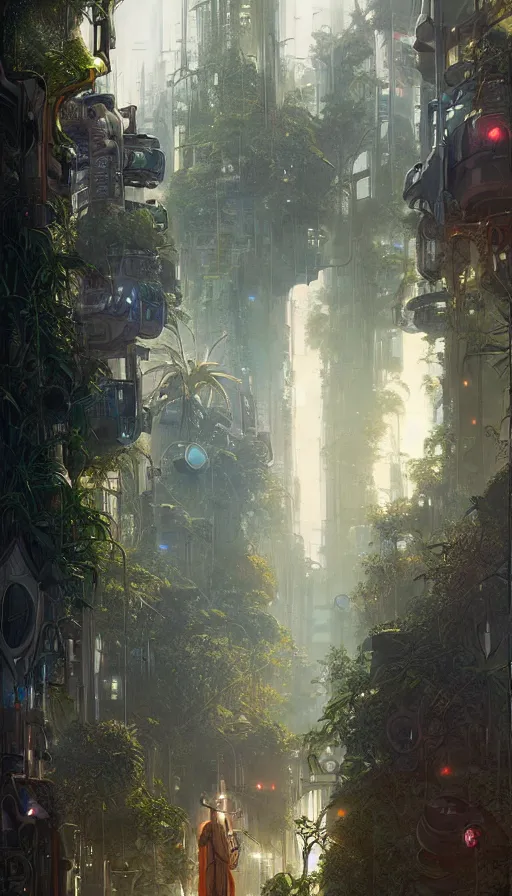 Image similar to hyper realistic cyberpunk city, overtaken by lush plants, gnarly trees by tom bagshaw, mucha, gaston bussiere, craig mullins, j. c. leyendecker 8 k