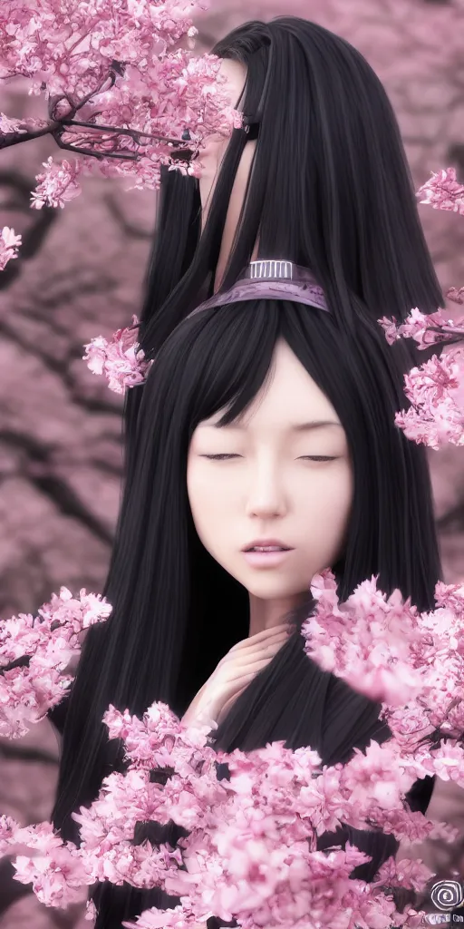 Image similar to a beautiful detailed render of an attractive japanese female with long black hair covering part of her face and wearing a seifuku, standing next to a beautiful cherry blossom tree, centered, trending on artstation and deviantart and behance, extreme detailing, dim dusk lighting, cinematic lighting, detailed lighting, volumetric lighting, realistic, f 8, 4 k hd wallpaper