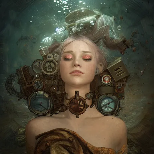 Image similar to underwater steampunk sleeping portrait, hyper detailed, digital art, trending in artstation, cinematic lighting, studio quality, smooth render, unreal engine 5 rendered, octane rendered, art style by klimt and nixeu and ian sprigger and wlop and krenz cushart.