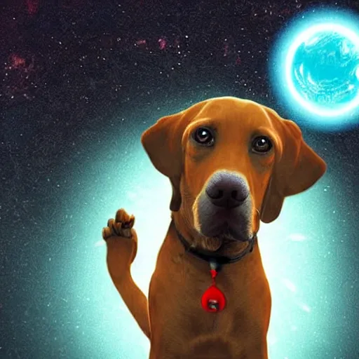 Prompt: a realistic dog superhero with glowing eyes, abandoned planet background,dog floating in air
