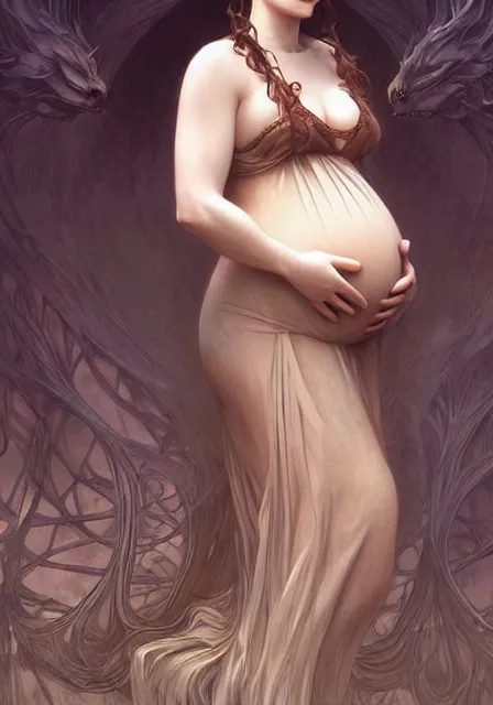 Image similar to pregnant sansa creepy, intricate, elegant, highly detailed, digital painting, artstation, concept art, smooth, sharp focus, illustration, art by artgerm and greg rutkowski and alphonse mucha and william - adolphe bouguereau