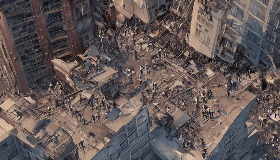 Prompt: People fleeing the collapsed buildings in the streets of New-York, hyperdetailed, artstation, cgsociety, 8k